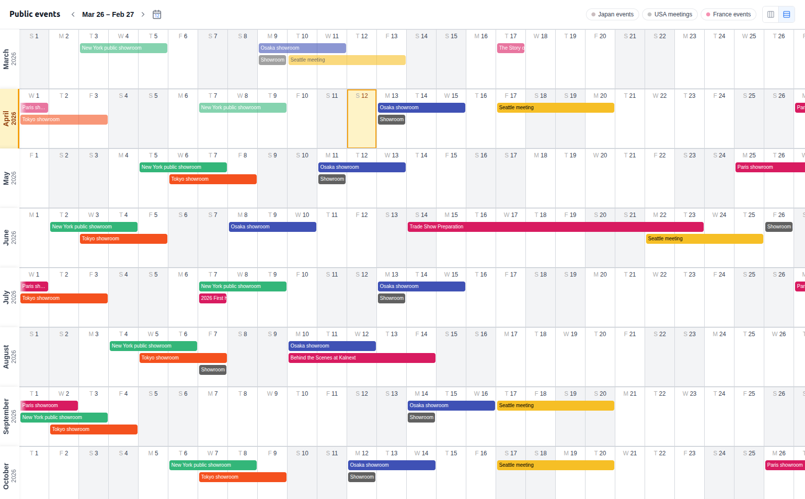 Shared yearly calendar in horizontal layout