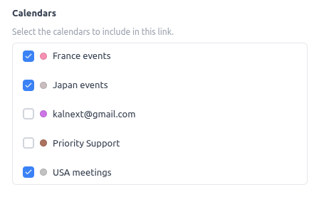 Dynamic sharing configuration in Kalnext showing calendar selection and privacy controls
