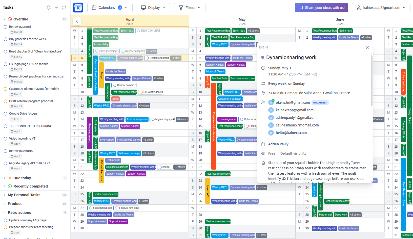 Kalnext event management showing the event creation modal on top of the yearly planner