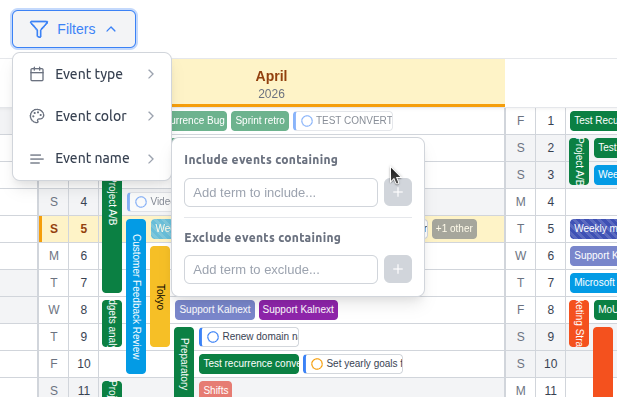 Kalnext filter options showing calendar selection, color filtering, and keyword search