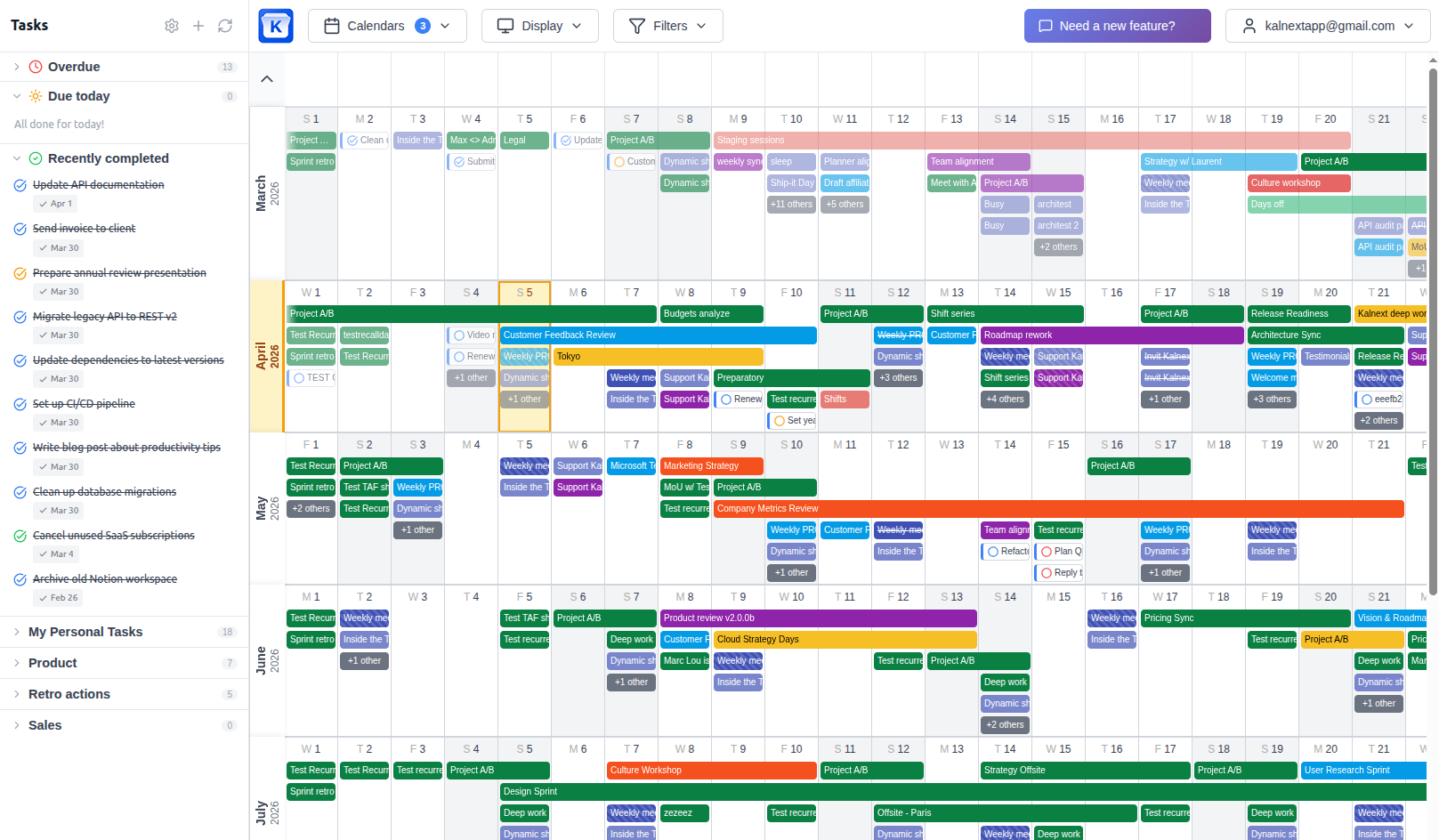 A well-organized yearly calendar view showing quarterly planning with color-coded events