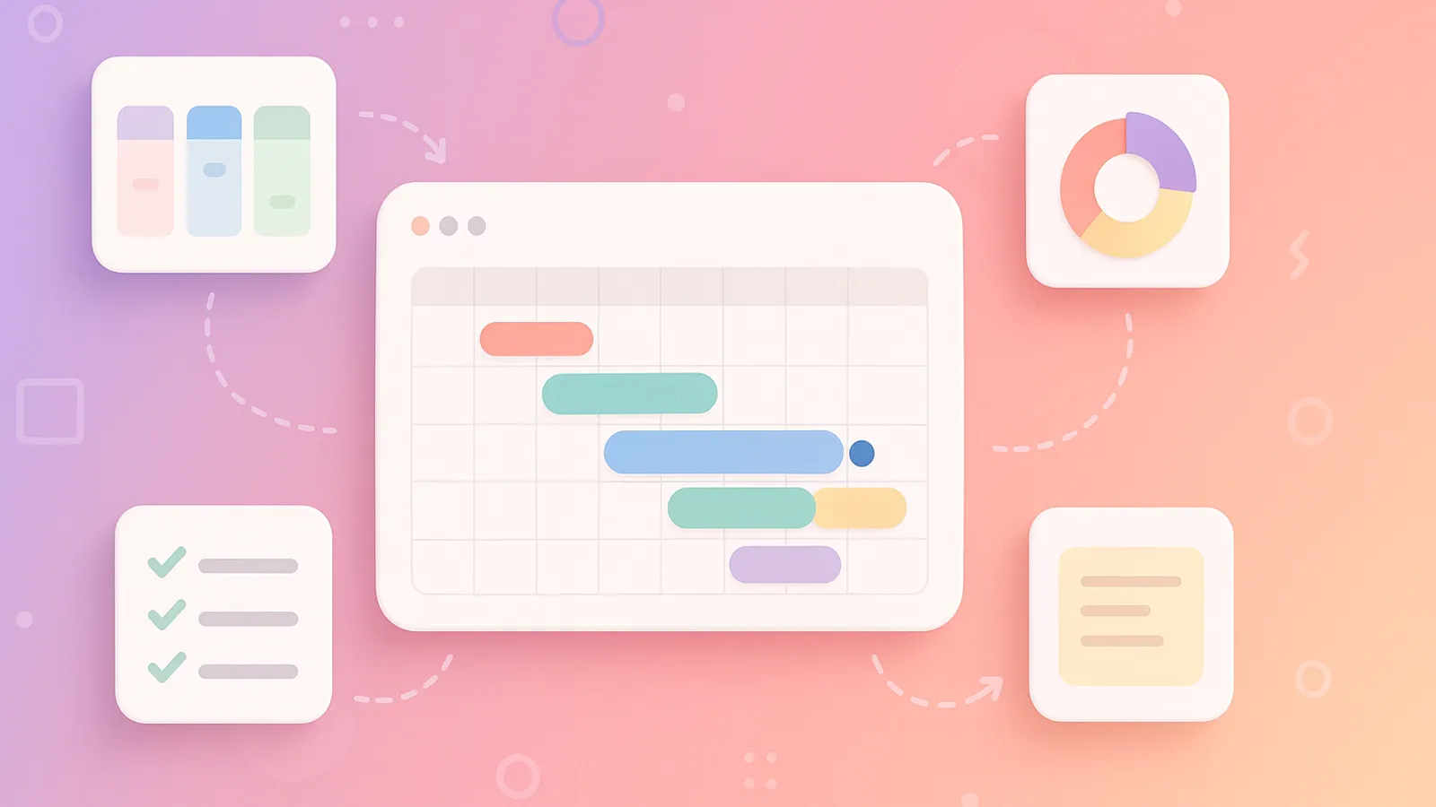 Stylized year-at-a-glance dashboard with a central 12-month calendar grid surrounded by satellite cards for tasks, OKRs and a team availability heatmap