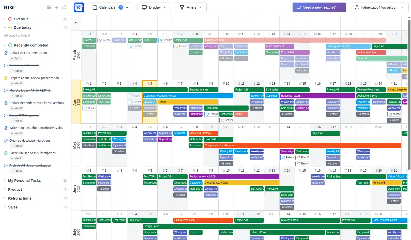 Kalnext year view showing twelve months of a shared Google Calendar laid out horizontally with color-coded events
