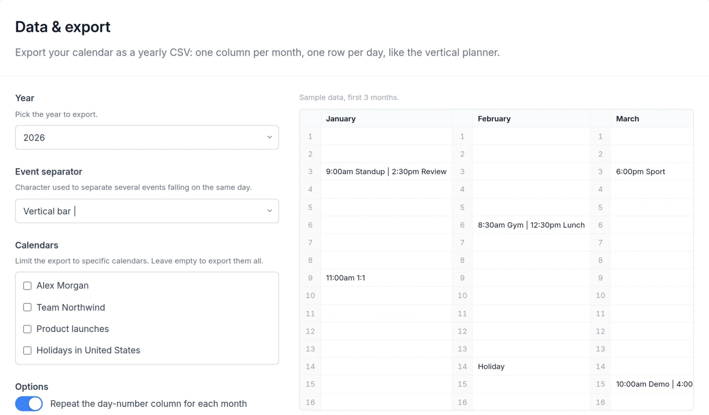 Yearly CSV export settings with a preview