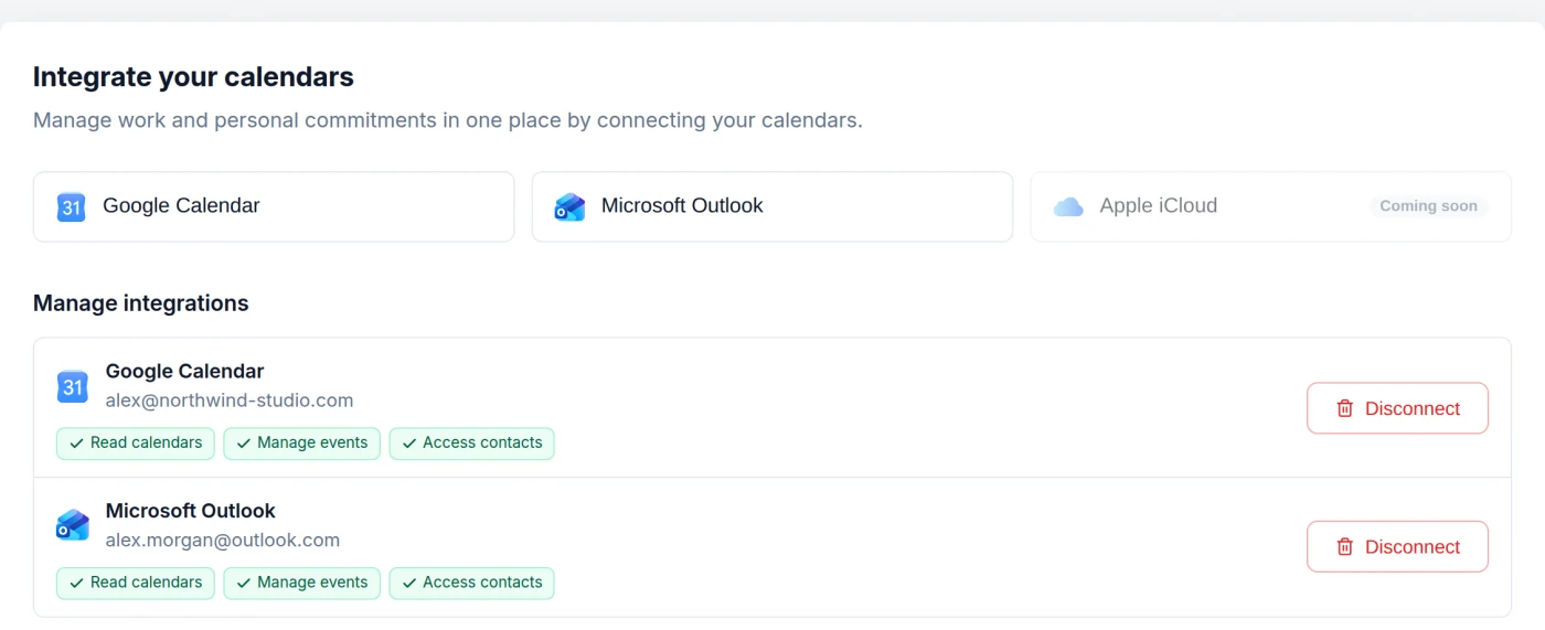 Google Calendar and Microsoft Outlook connected in the integrations settings