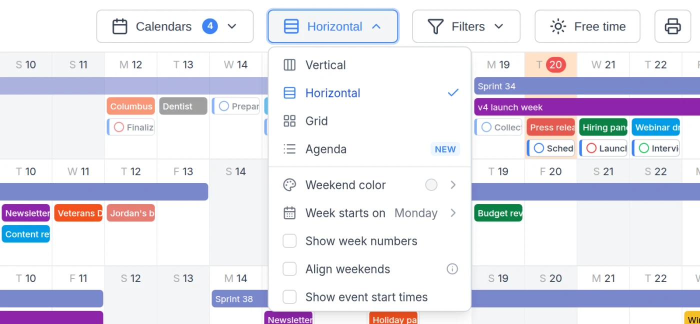 Layout menu with the layouts and the display options