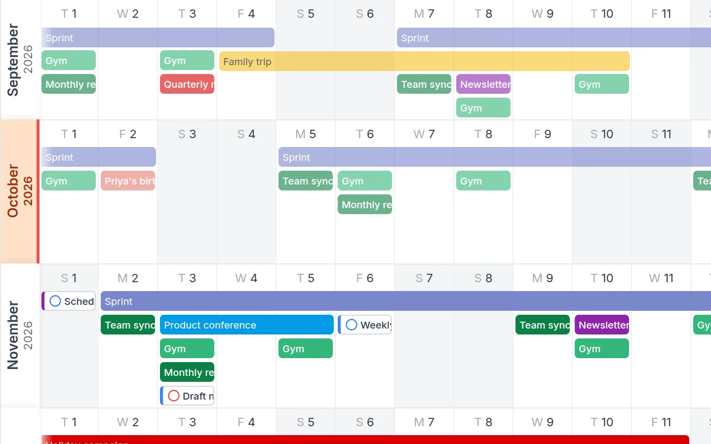 Kalnext horizontal layout: the months as rows, with events and multi-day bars