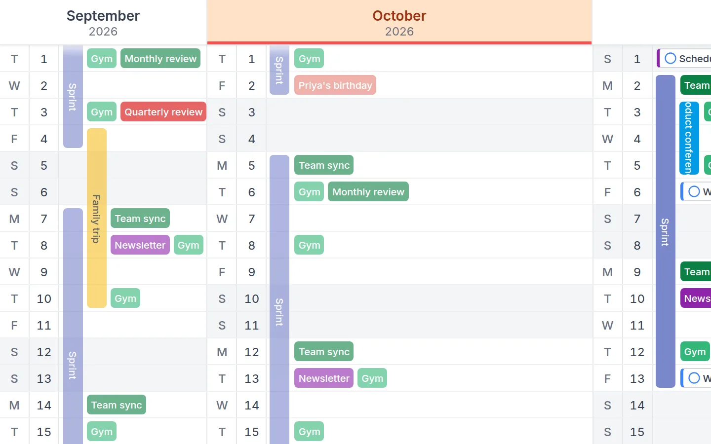 Kalnext year view on a sample calendar