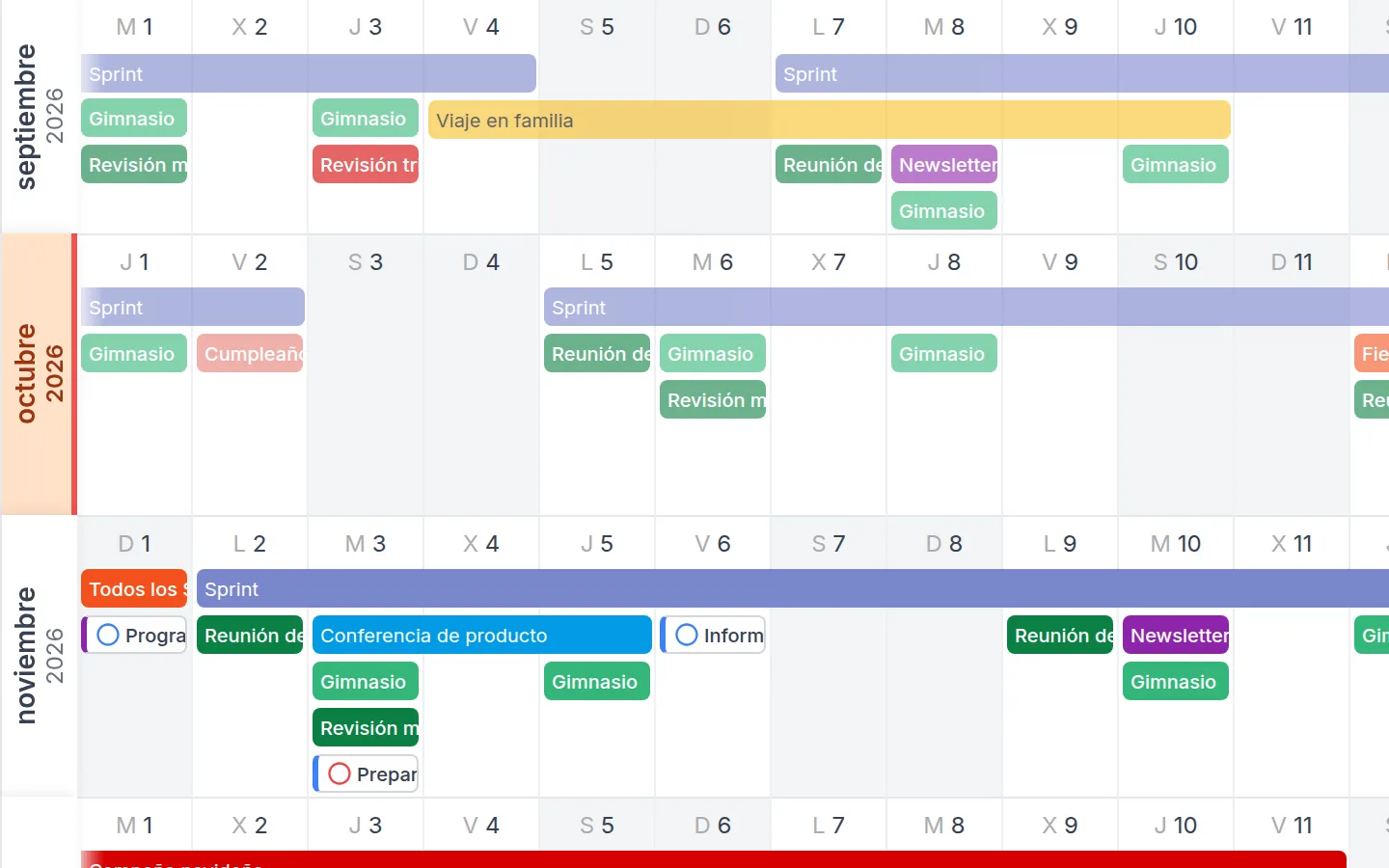Diseño horizontal de Kalnext: los meses en filas, con eventos y barras de varios días