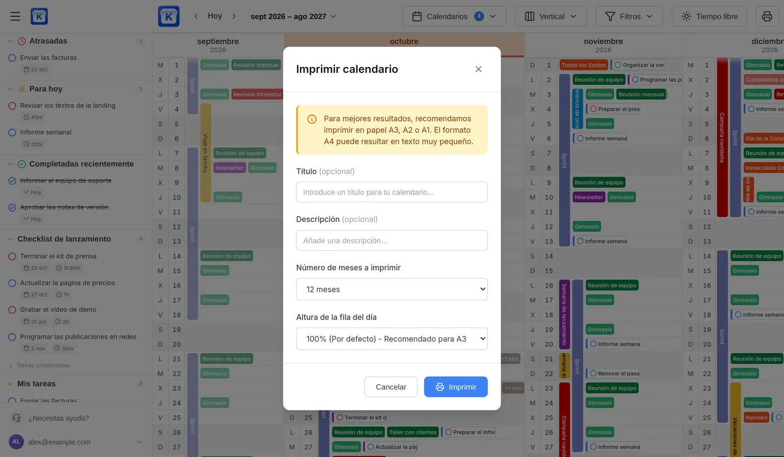 Vista previa de impresión de varios meses en Kalnext