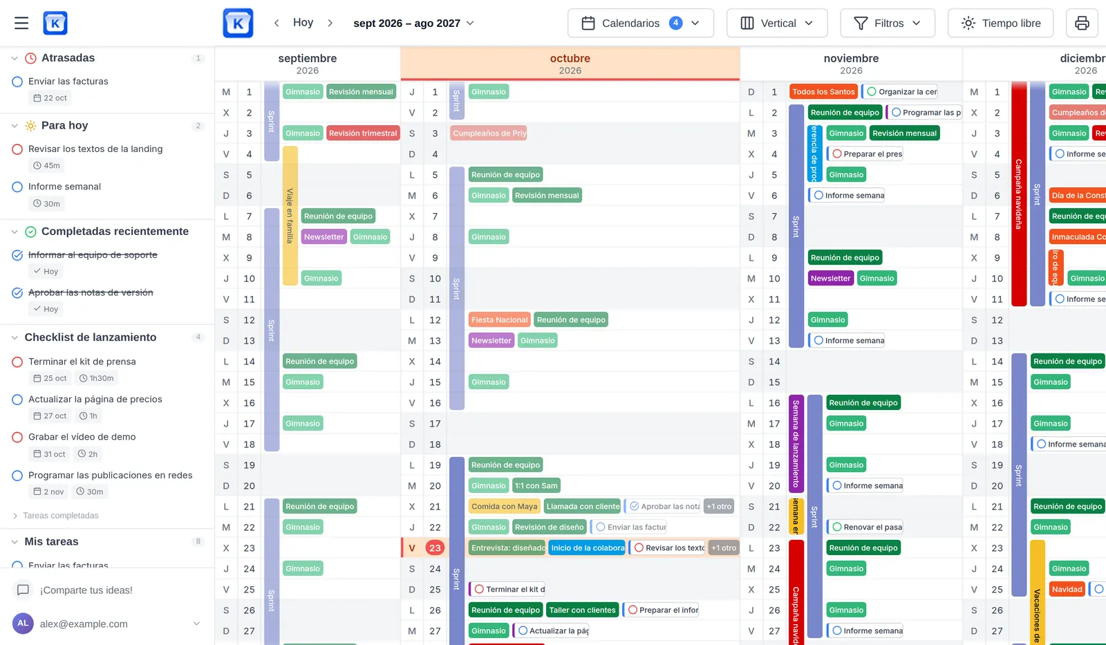 Vista anual de Kalnext: doce meses de eventos, festivos y vacaciones en una sola pantalla