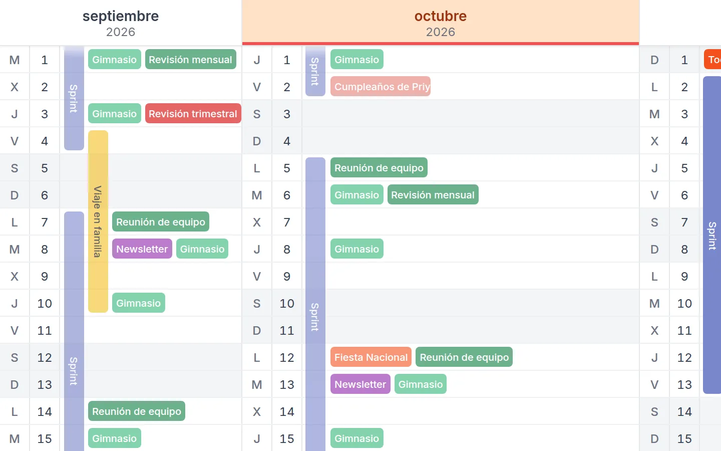 Vista anual de Kalnext con un calendario de ejemplo