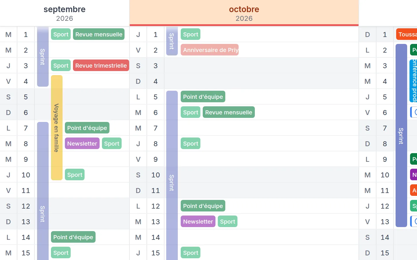 Vue annuelle de Kalnext sur un calendrier d'exemple