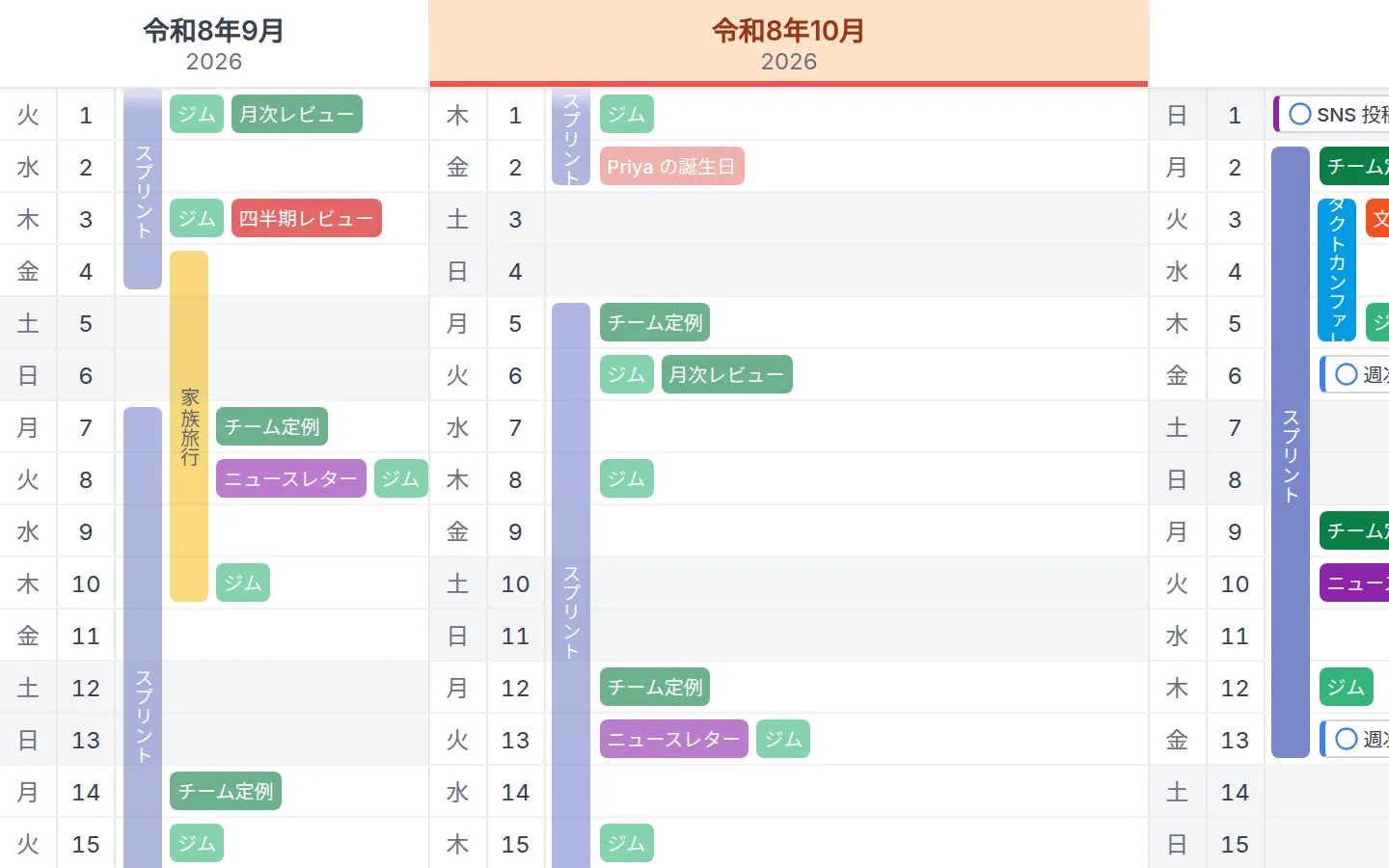 サンプルのカレンダーで表示した Kalnext の年間表示